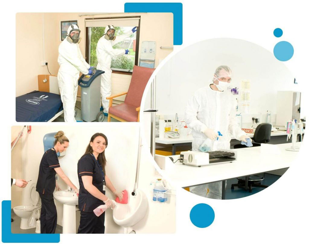 Staff cleaning in hospital, lab and washroom