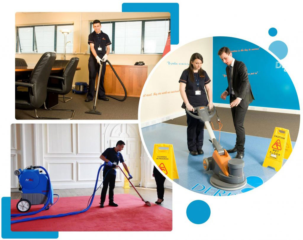 Derrycourt staff cleaning floors in offices.